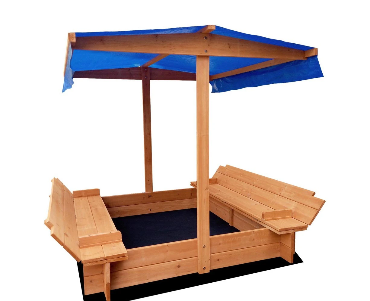 Wooden Outdoor Sand Pit Box Set Sandpit Toy Kids Play Games Canopy Children Exercises Large Seat Table with Shade Cover