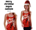 Womens Merry Christmas Sequin Singlet Camisole Cami Costume Party Xmas