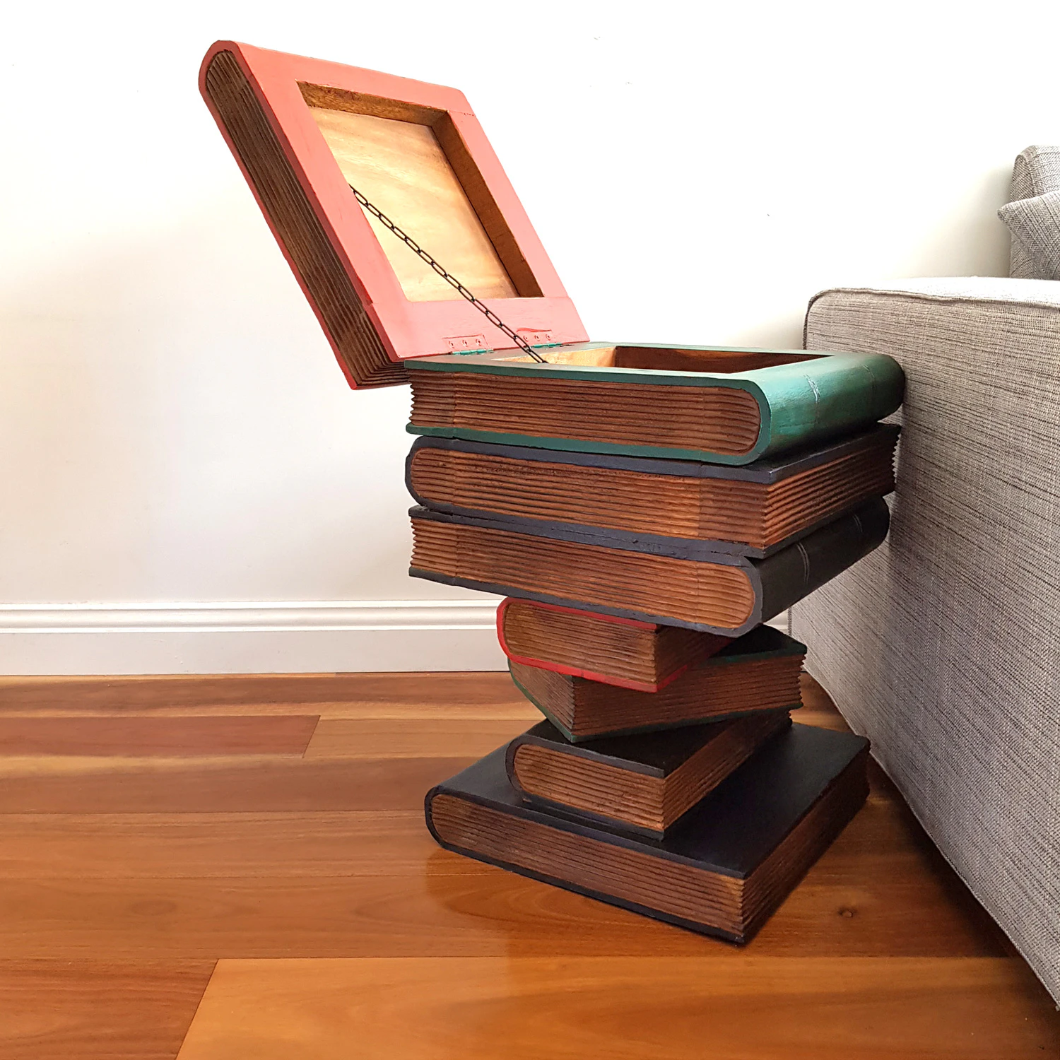 Solid Timber Corner Side Table Book Stack Plant Stand with Storage Compartment