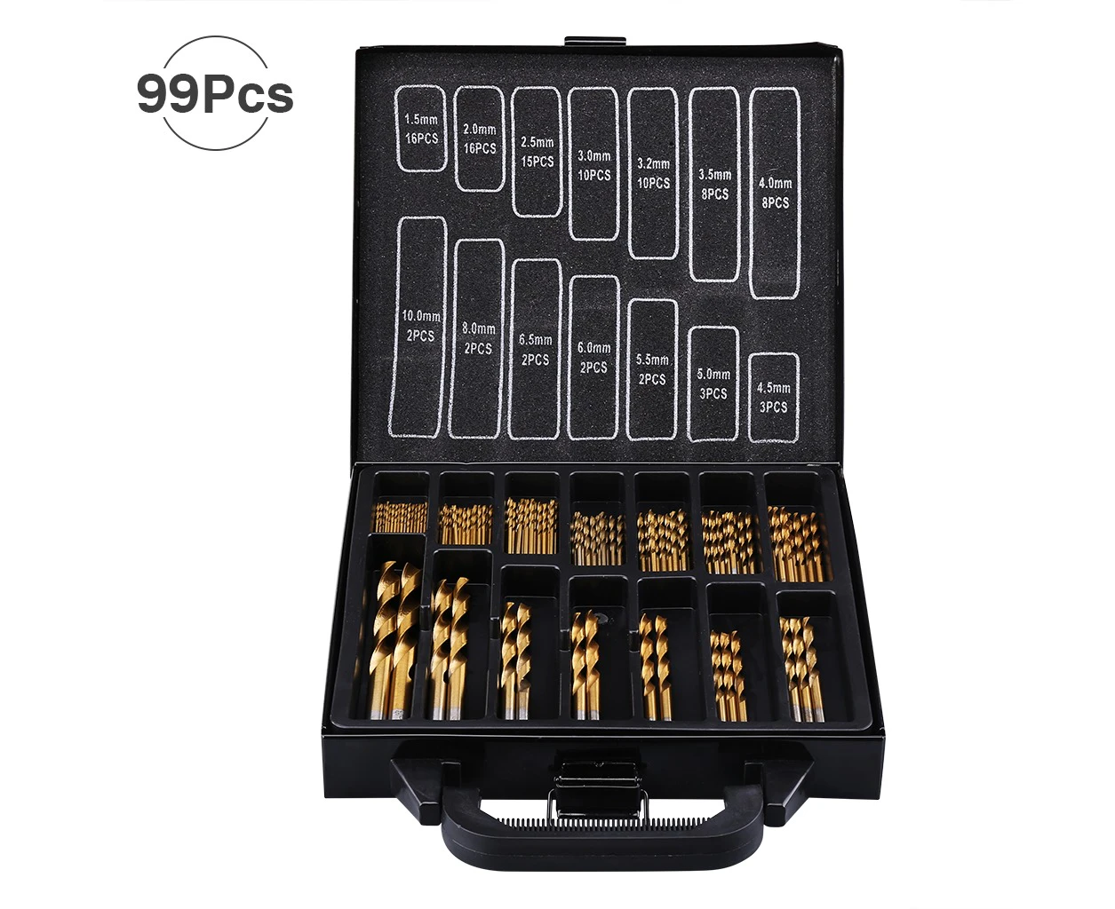 99pcs Titanium Ti-N Coated HSS Twist Titanium Drill Bit Set 1.5-10mm for Wood, Metal, Plastic Drilling