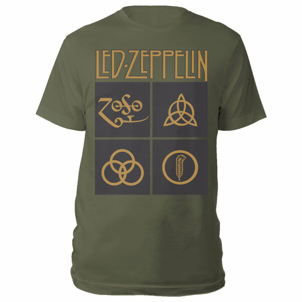 Led Zeppelin - Gold Symbols in Black Square Men's X-Large T-Shirt - Green