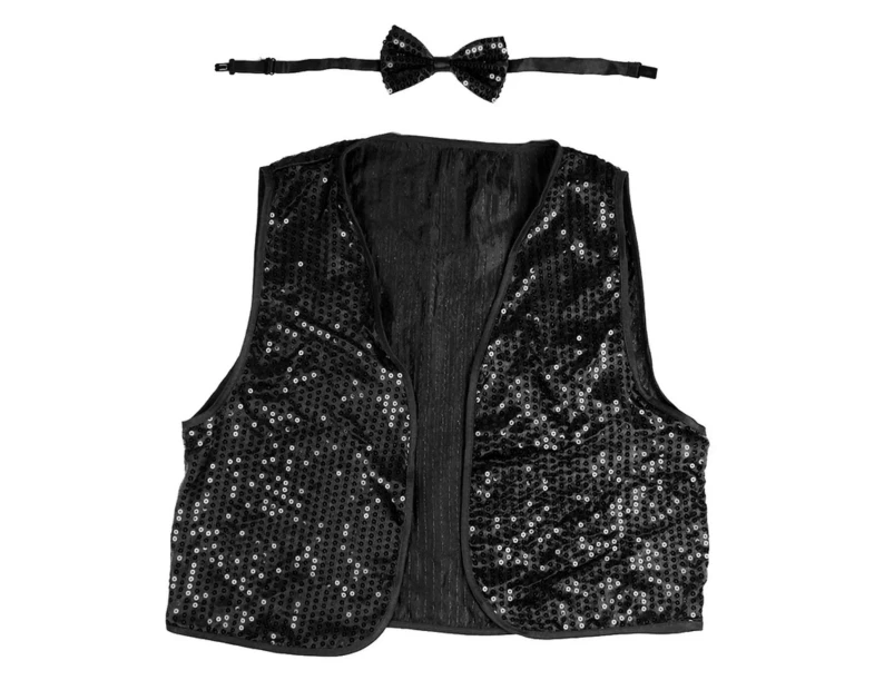 Men's Sequin Vest Dance Sparkle Waistcoat Party Costume - Black