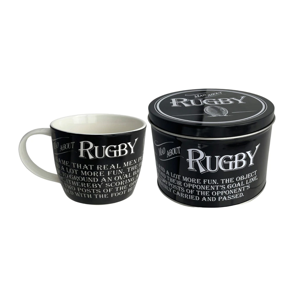 Tea Cup Coffee Mug In A Tin Rugby Text Print Design Novelty Gift Set