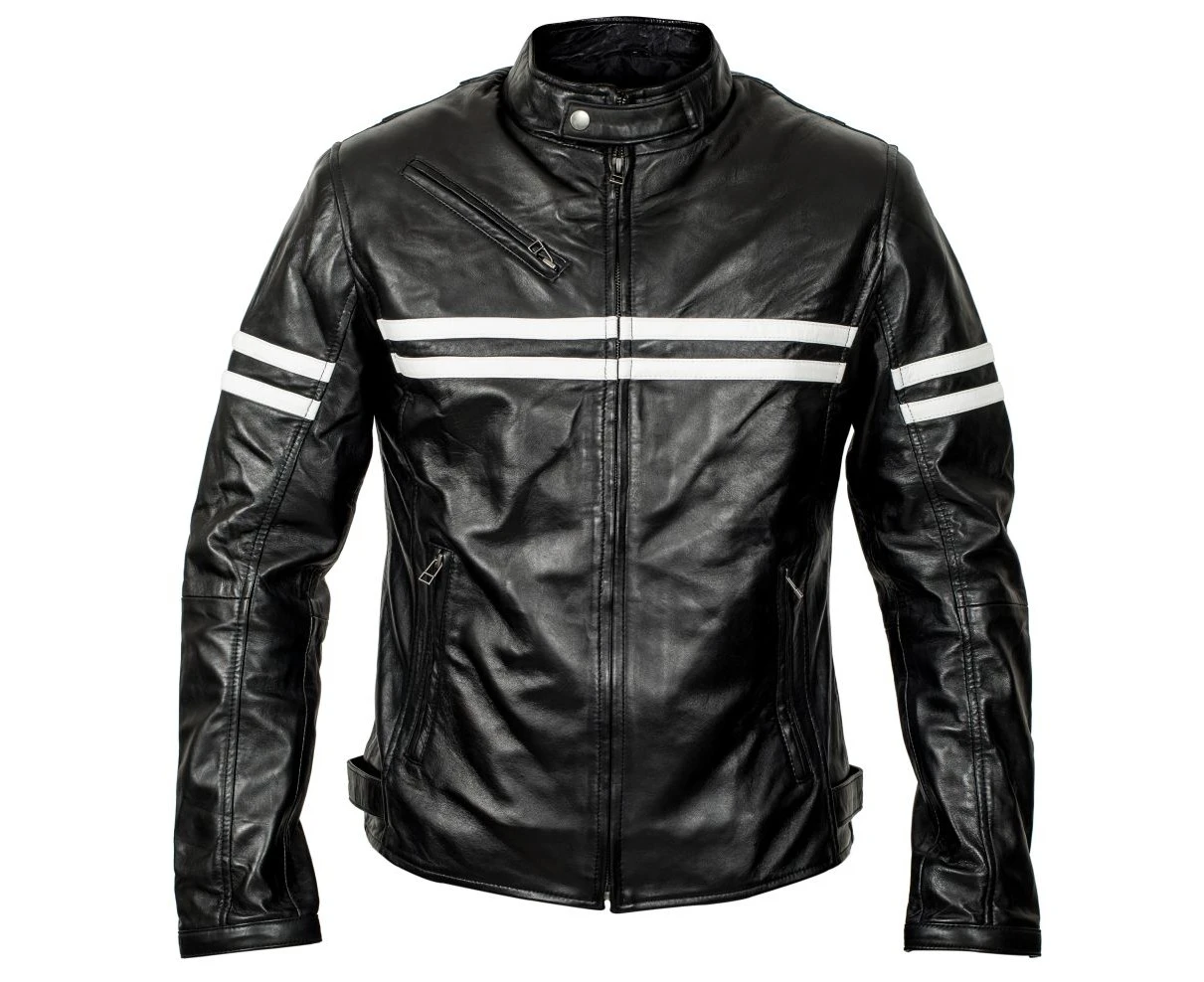 AU Fashion Men's Striped Sheepskin Leather Jacket Black