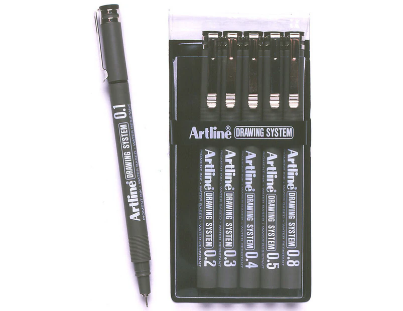 6pc Artline Drawing System 6 Nib Sizes 0.1/0.2/0.3/0.4/0.5/0.8 Wallet Pen Black