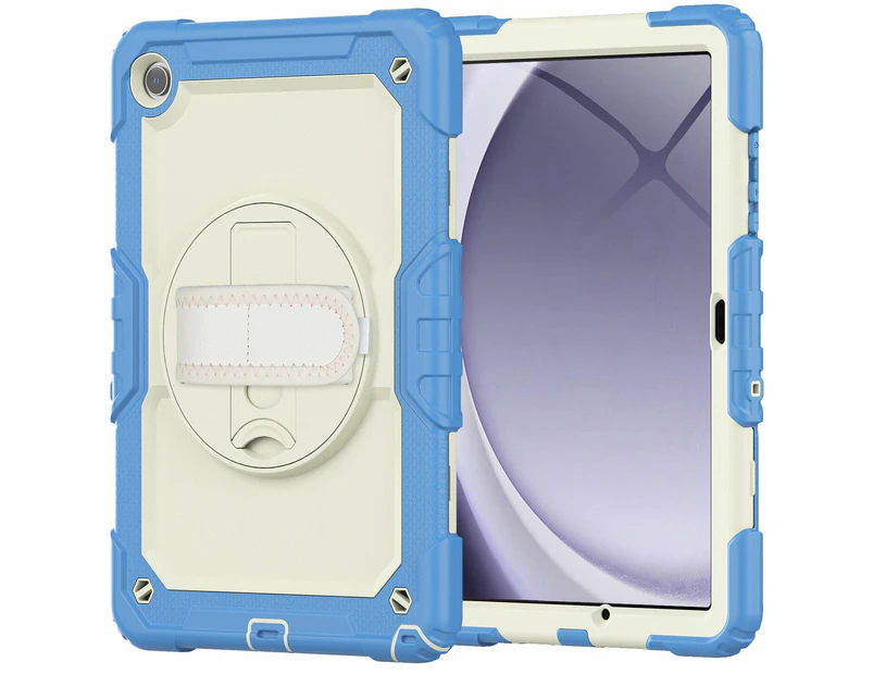 For New Samsung Galaxy Tab A9 SM-X110 / X115 8.7" Kickstand Survivor Case Built-in Screen Protector Cover - Cream Blue