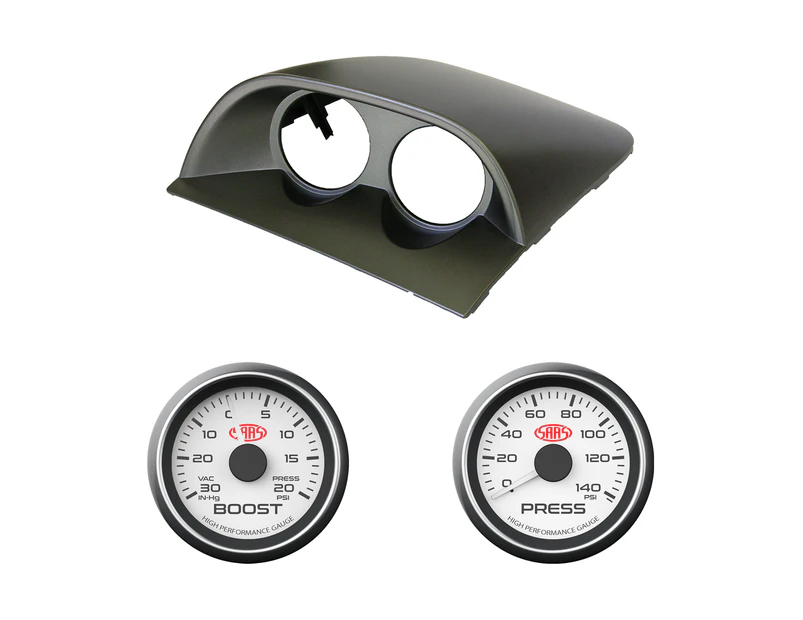 SAAS Dual Gauge Pod w/ White Turbo Boost & Oil Pressure Holden VY VZ Commodore