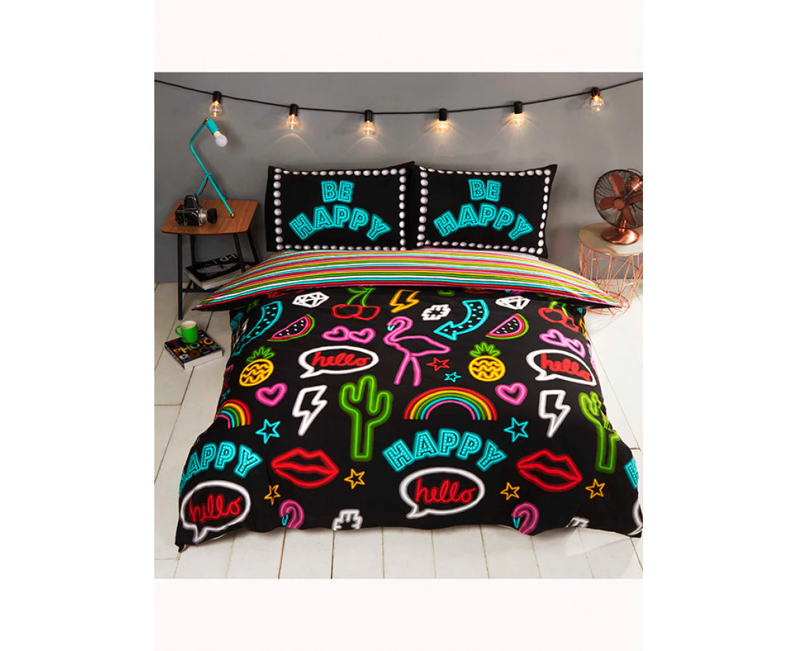 Be Happy Neon Single Duvet Cover and Pillowcase Set