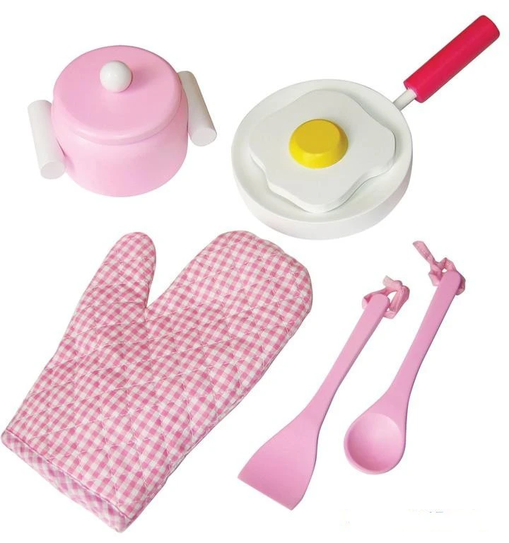 Fun Factory Wooden Pretend Play Toys - Pink Kitchen Cooking Set 7pc