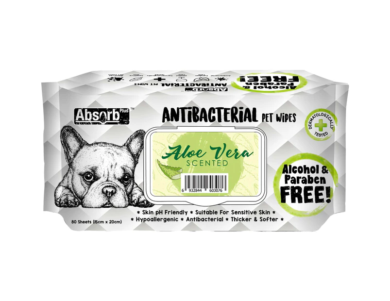 Absorb Plus Aloe Vera Antibacterial Pet Wipes 80 Pack