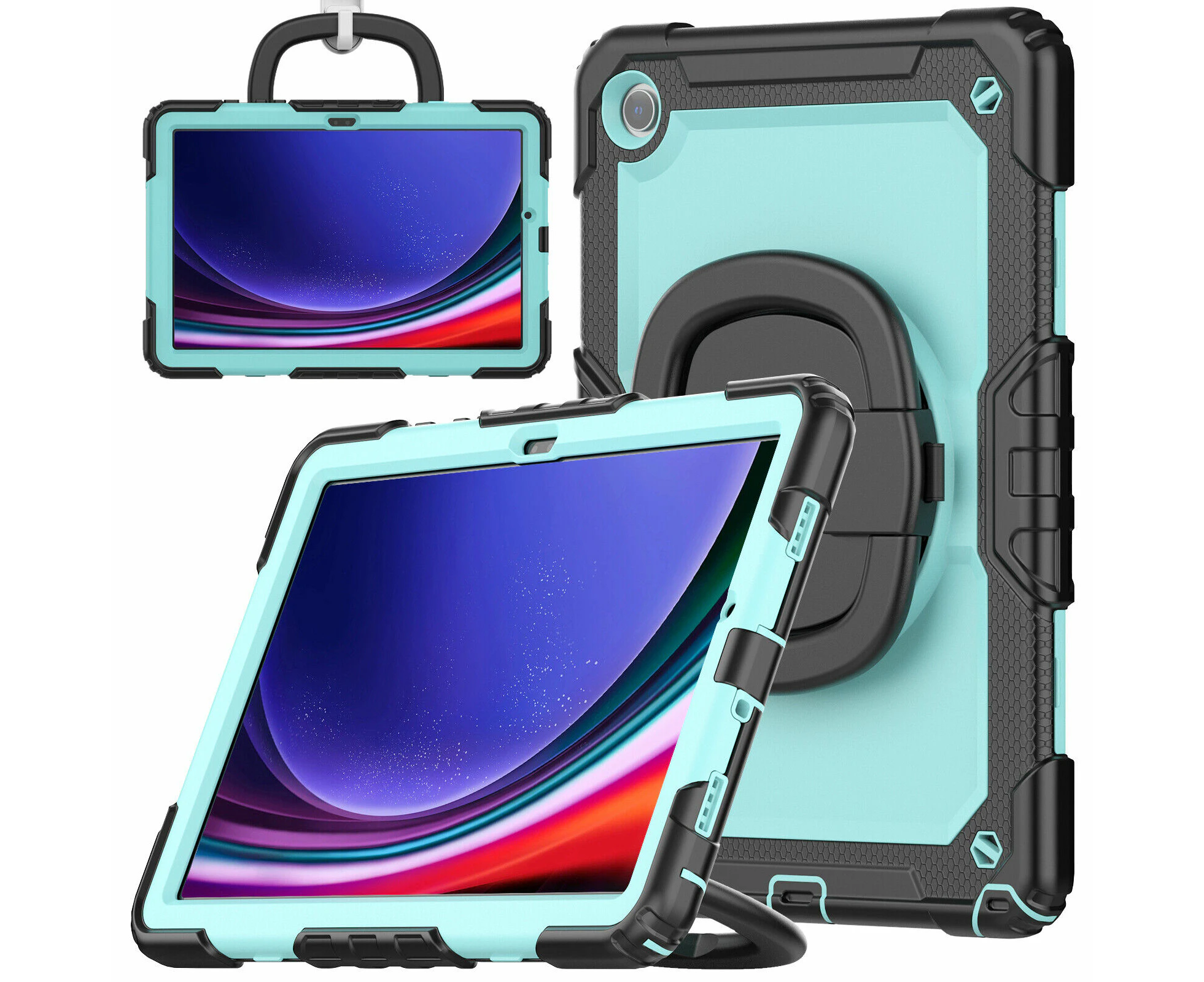 For New Samsung Galaxy Tab A9 SM-X110 / X115 8.7" Handle Ring Stand Survivor Case Built-in Screen Protector Cover - Sky Blue