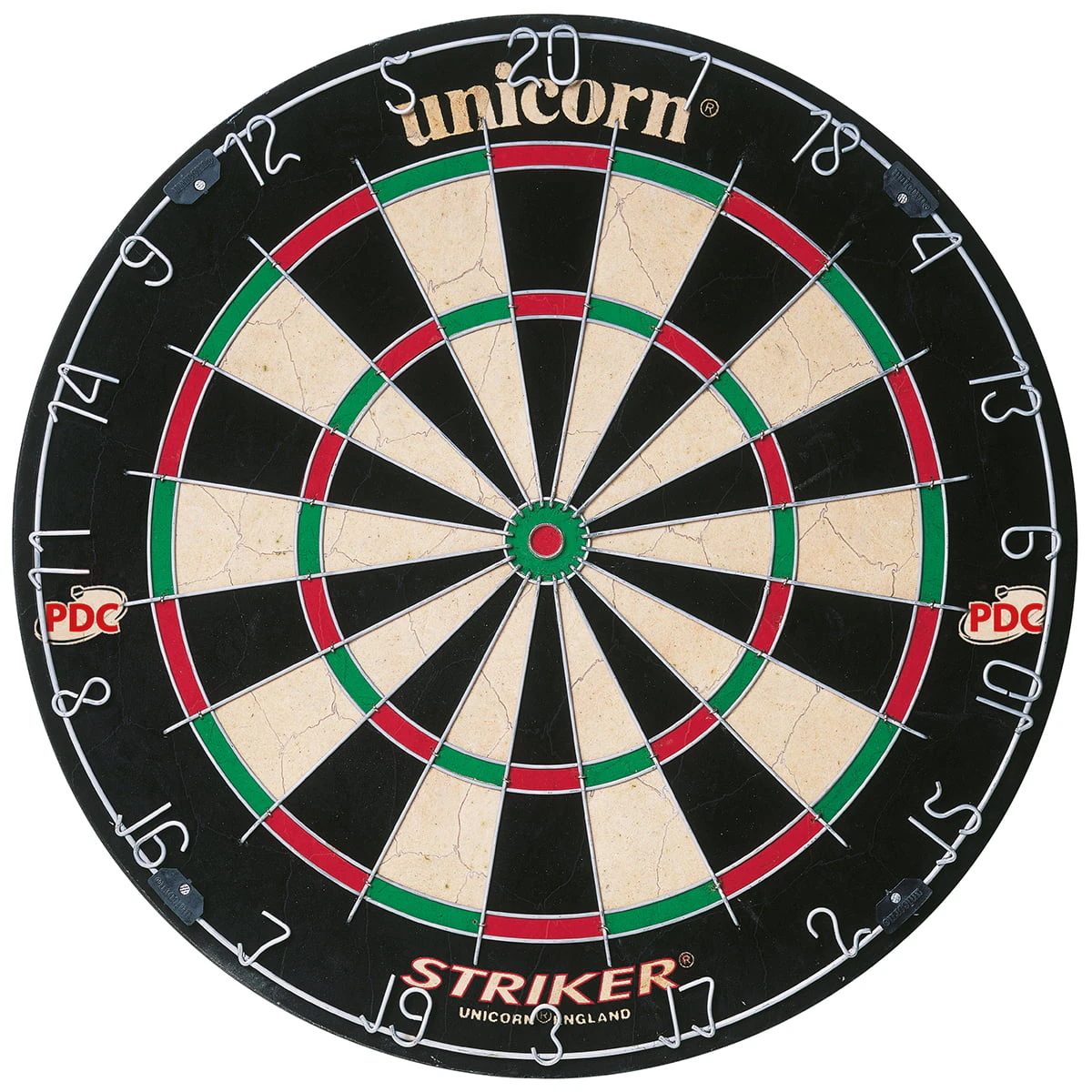 Unicorn Striker Dart Board staple-free bulls-eye, sisal bristle.