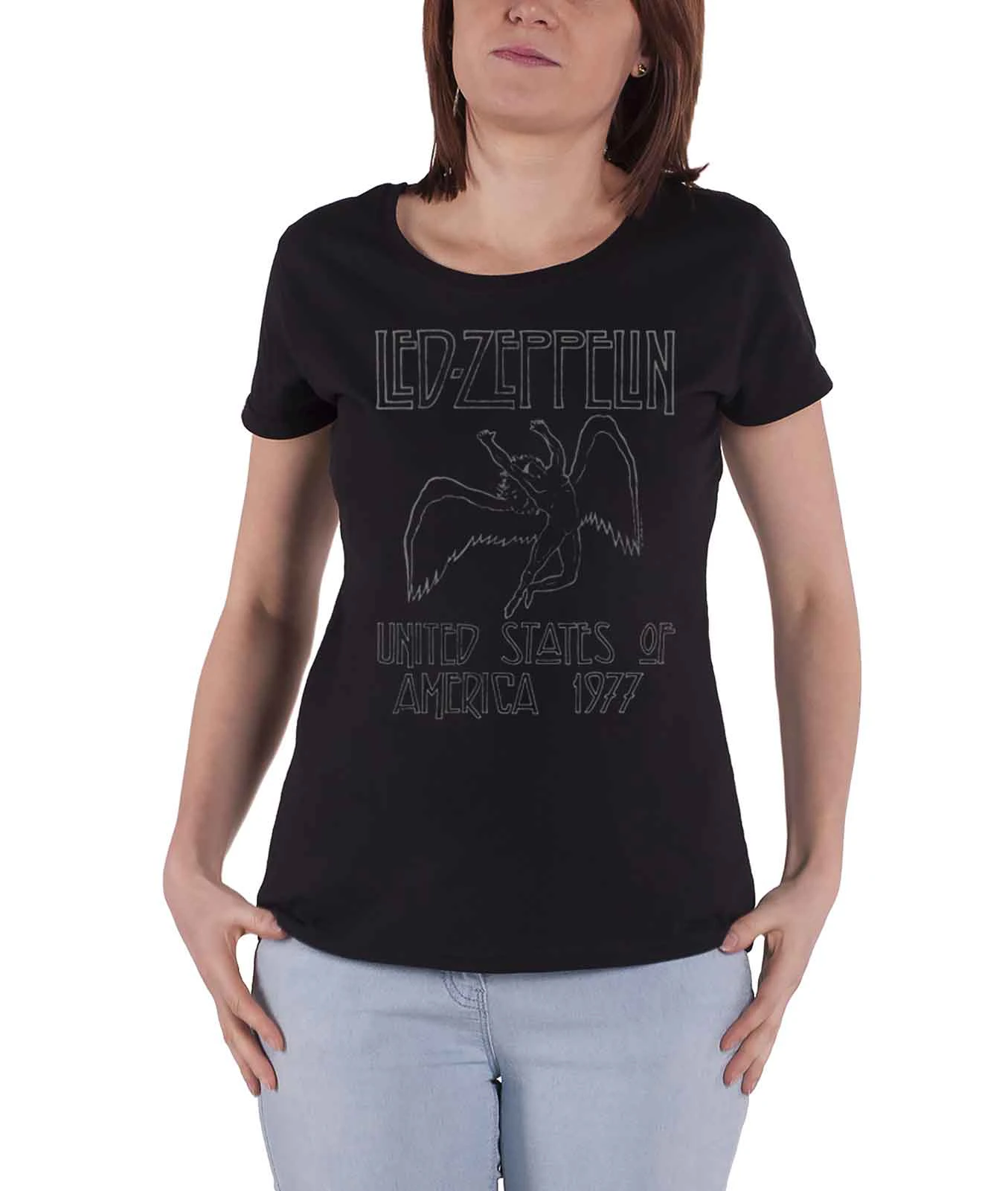 Led Zeppelin T Shirt Usa 1977 Band Logo  Official Womens Skinny Fit - Black