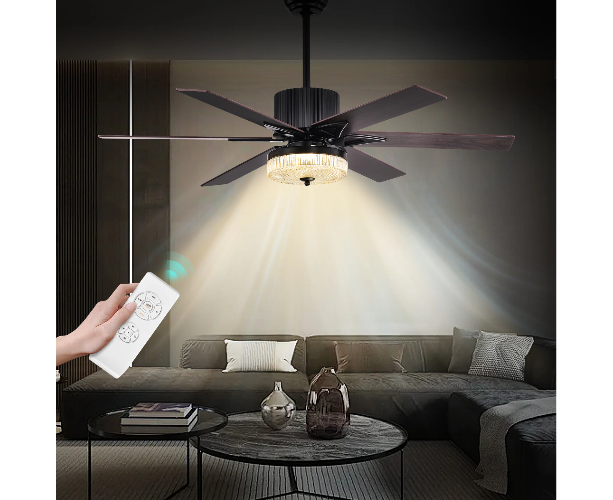 Ceiling Fan LED light Crystal lampshade 52 inch AC Motor Reversible w/Remote Timer Speeds Adjustment Plywood Black