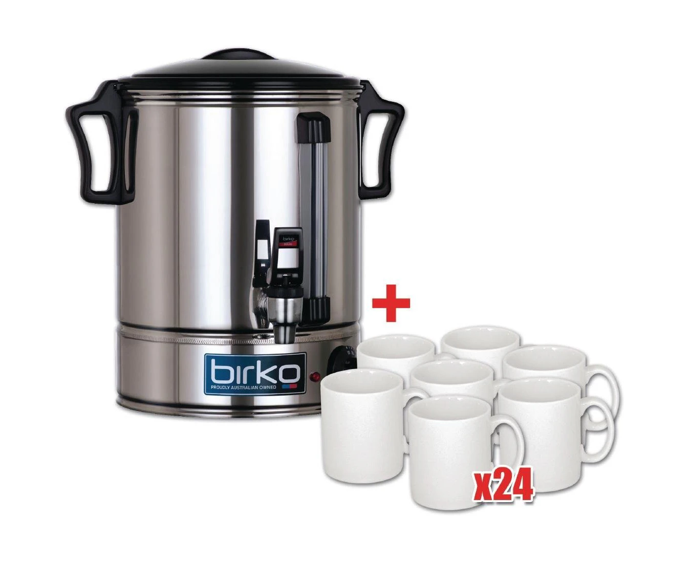 Birko 30L Hot Water Urn & 24 Free Mugs - Stainless Steel Construction