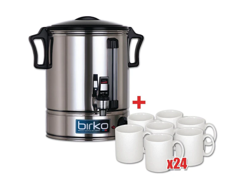 Birko 30L Hot Water Urn & 24 Free Mugs - Stainless Steel Construction
