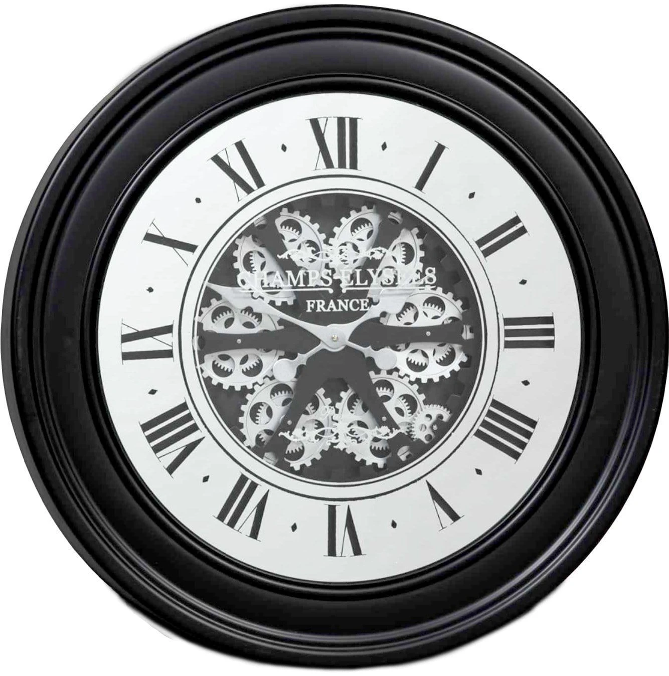 Miro' Round 80cm French Mirrored Moving Cogs Wall Clock - Black W/Silver