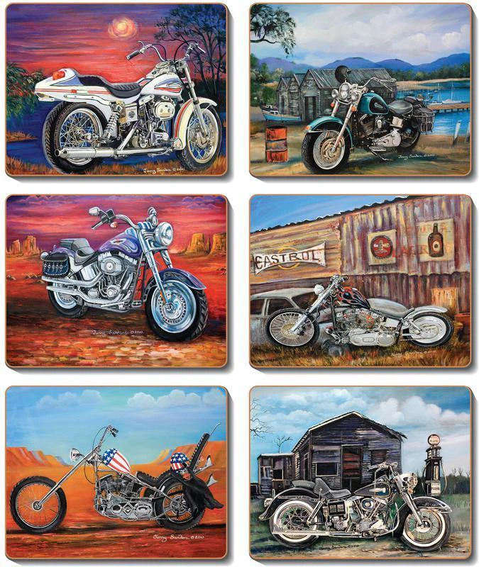 Country Kitchen American Classic Motorbikes Cork Backed Drink Coasters Set 6