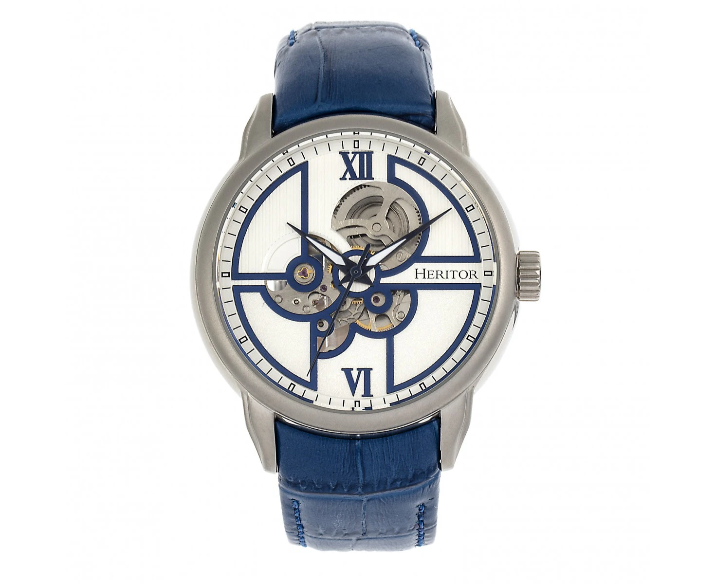 Heritor Automatic Sanford Semi-Skeleton Leather-Band Watch - Silver/Blue