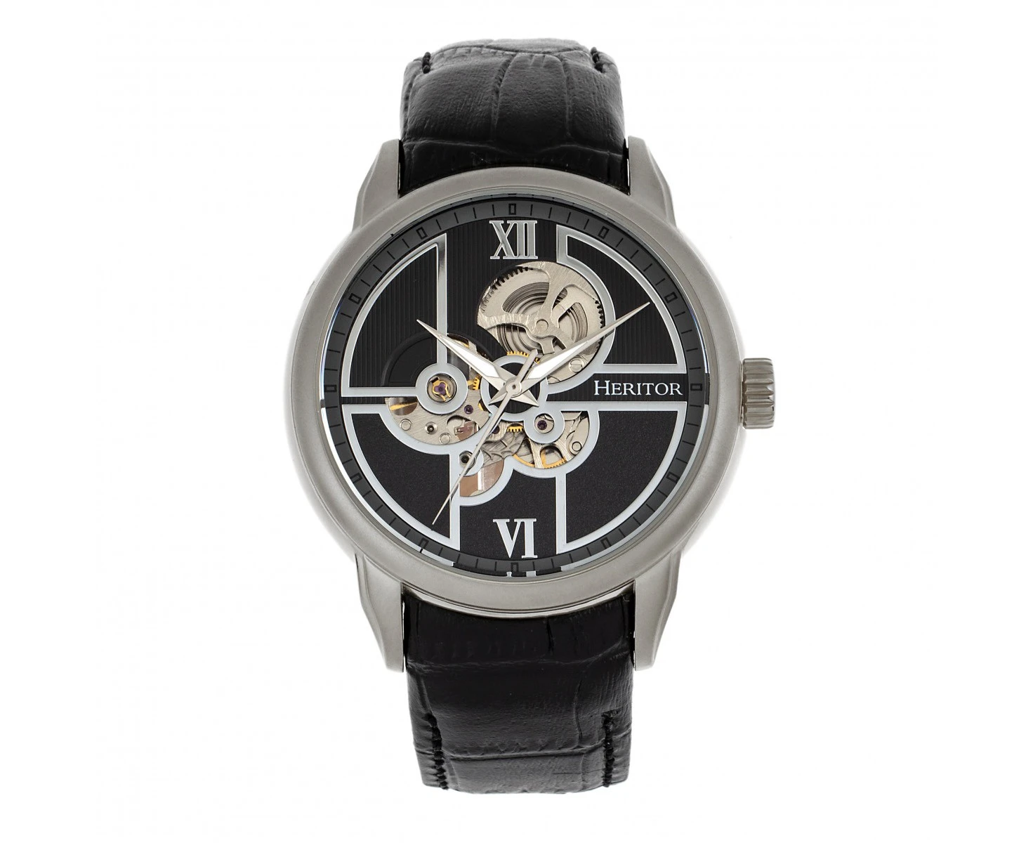 Heritor Automatic Sanford Semi-Skeleton Leather-Band Watch - Silver/Black