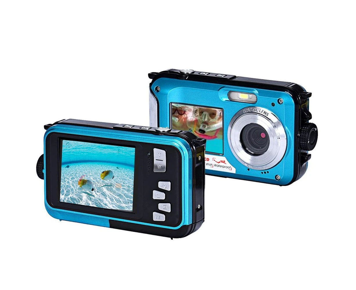 Digital Camera Waterproof 24MP MAX 1080P Dual Screen Digital 16X Zoom Camcorder-Blue