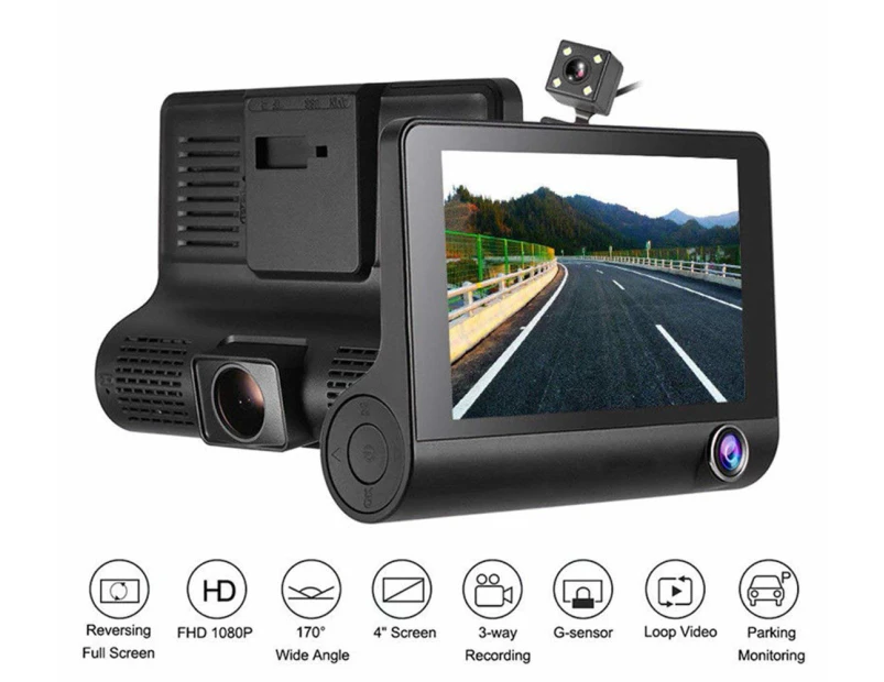 4" HD 1080P 3 Lens Car Reversing Cameras Dash Cam Dashboard Rearview Car DVR Camera 170 Video Recorder