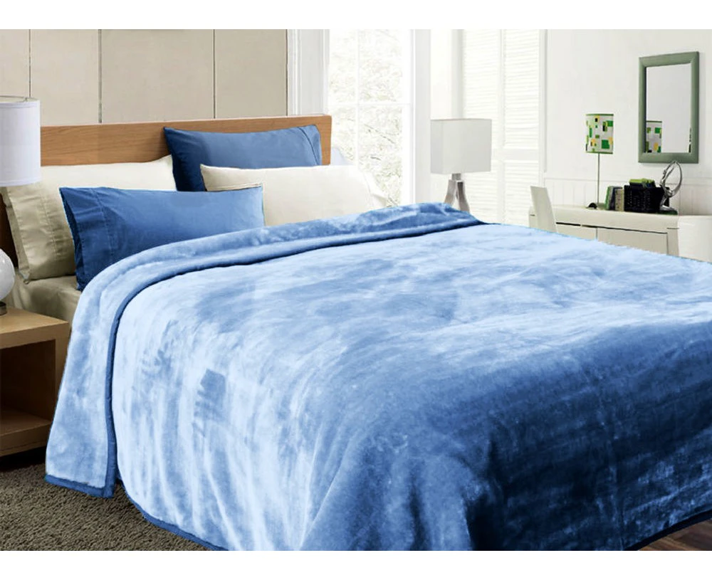 Luxury 600GSM Single Size Bed Mink Blanket Throw Rug Mid blue 160x200cm  Soft Thick & Warm