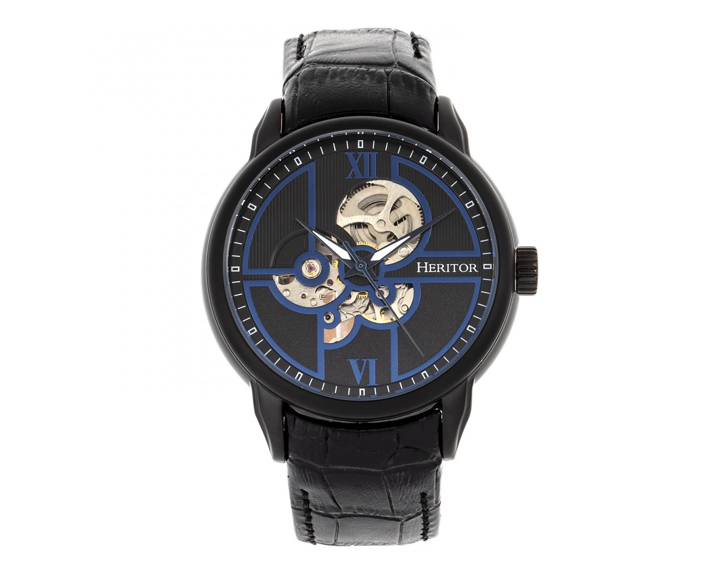 Heritor Automatic Sanford Semi-Skeleton Leather-Band Watch - Black