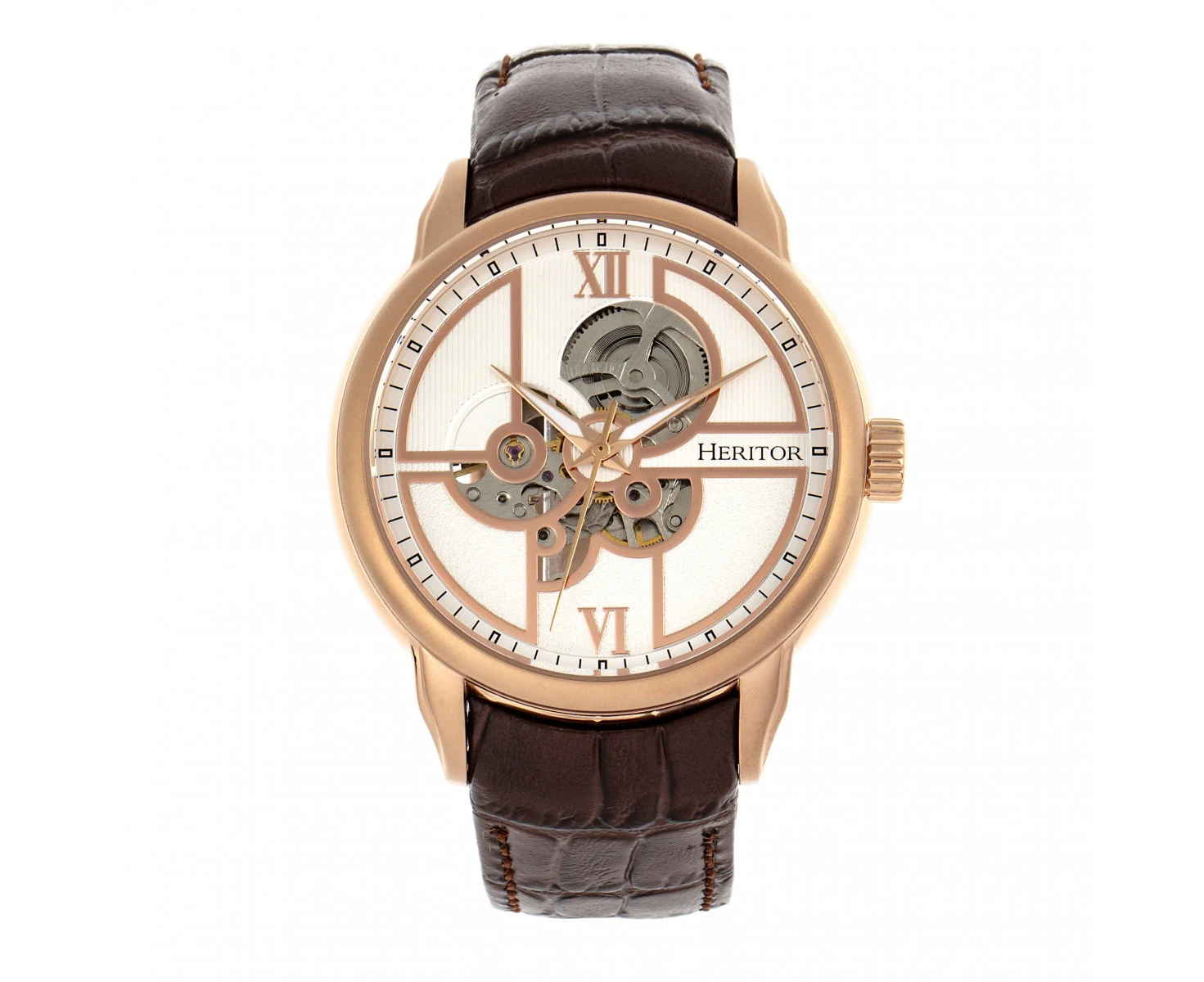 Heritor Automatic Sanford Semi-Skeleton Leather-Band Watch - Rose Gold/Brown