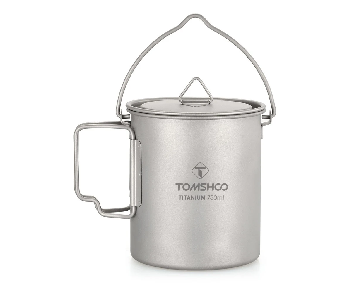 TOMSHOO Ultralight 750ml Titanium Pot Water Cup with Lid and Foldable Handle Outdoor Camping Cooking