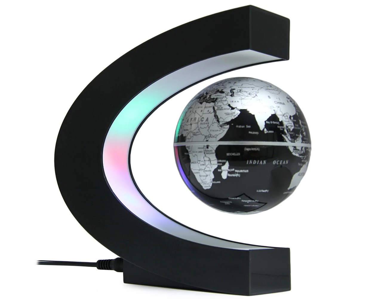 Creative C Shape Magnetic Levitation Floating Globe World Map with Colorful LED Light for Desk Decoration  - Black