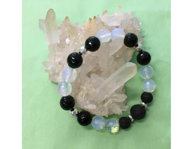 Faceted Black Onyx, Opalite and Lava Stone Aromatherapy Diffuser Bracelet - luck, protection and grounding