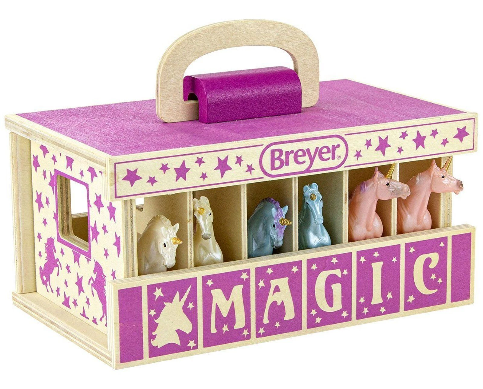 Breyer Horses Farms Unicorn Wooden Carry Stable Play Set With 6 Unicorns 1:32 Stablemates Scale 59218