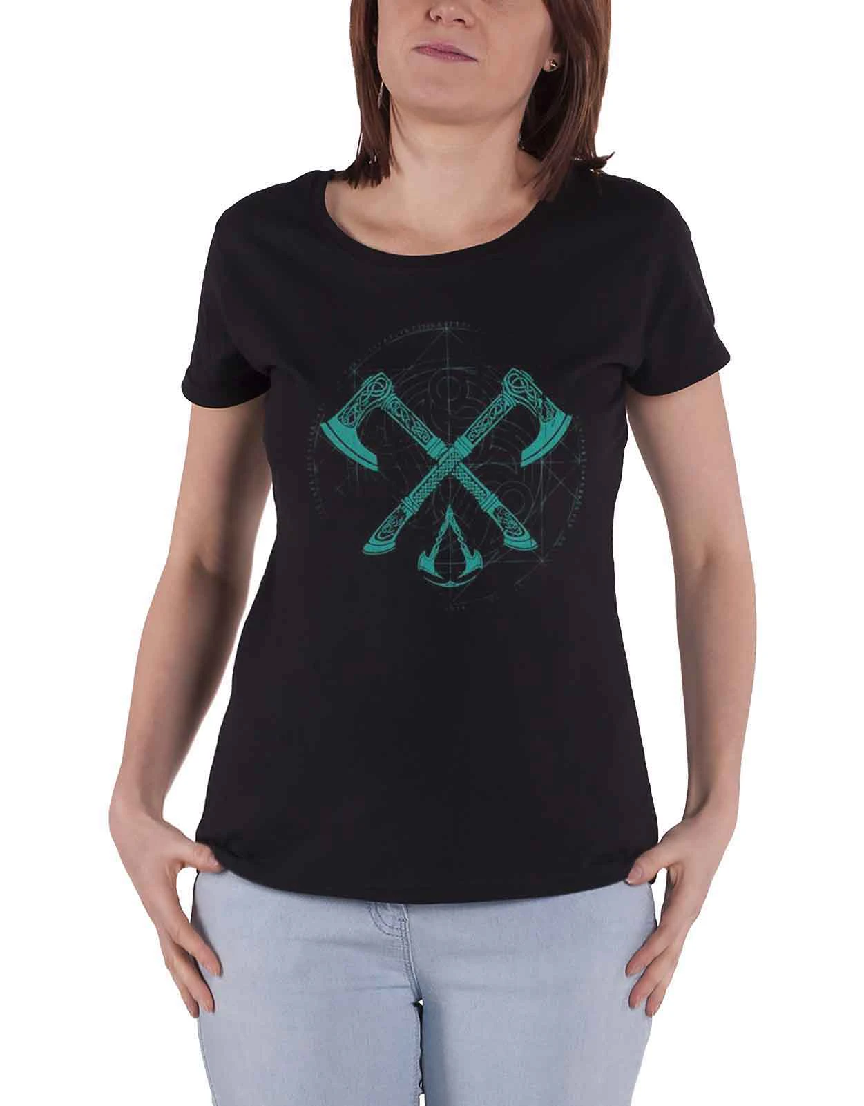 Assassins Creed Valhalla T Shirt Crossed Axes Official Womens Skinny Fit - Black