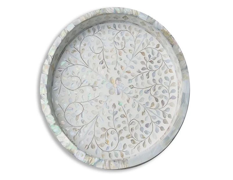 Zohi Interiors Mother of Pearl Inlay Small Round Tray in White