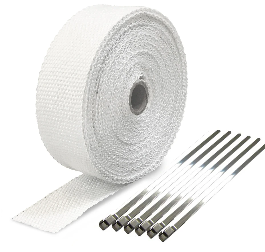 HEADER EXHAUST WRAP TAPE 2000F Heat Protection White 7.5m X 50mm +6 Steel Ties