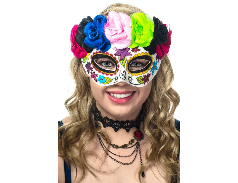 Day of the Dead Rainbow Flower Sugar Skull Masquerade Mask Genuine Elevate Costumes - New