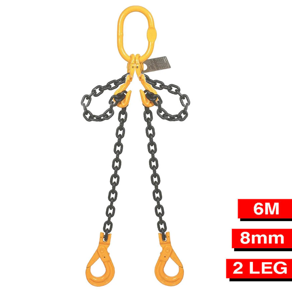 CHAIN SLING GR80 2 LEG 8MM X 6M W.L.L 3500KG C/W 2XSHORTENING HOOK & 2XSAFETY HO