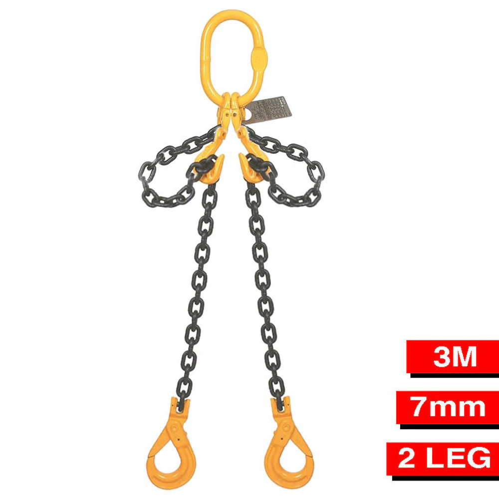 CHAIN SLING GR80 2 LEG 7MM X 3M WL.L 2600KG C/W SHORTENING HOOK & SAFETY HOOKS