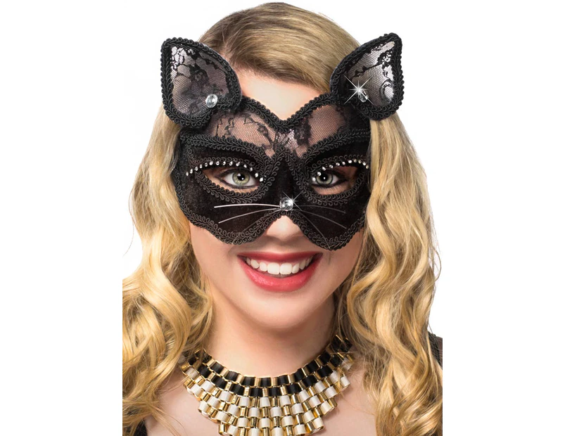 Black Cat Luxury Velvet Sheer Lace Masquerade Mask By Elevate Costumes - New