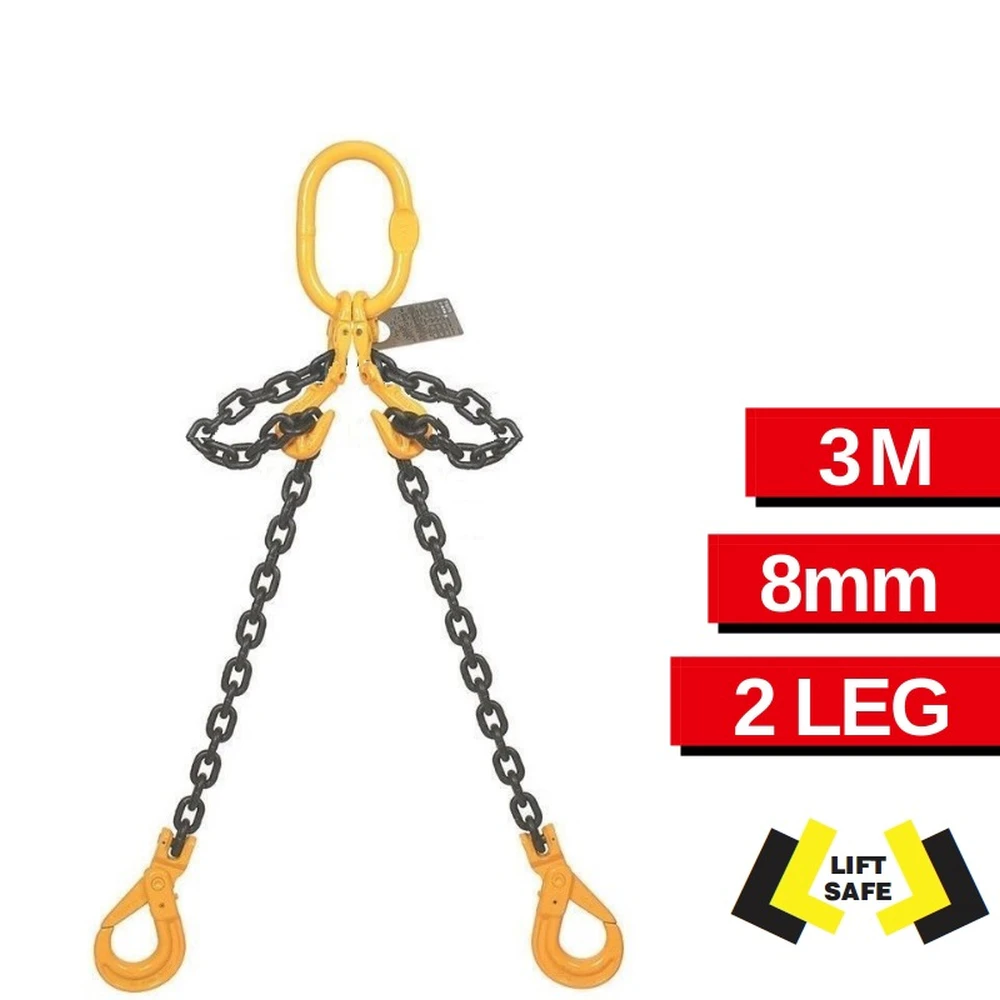 CHAIN SLING GR80 2 LEG 8MM X 3M W.L.L 3500KG C/W 2XSHORTENING & 2XSAFETY HOOKS