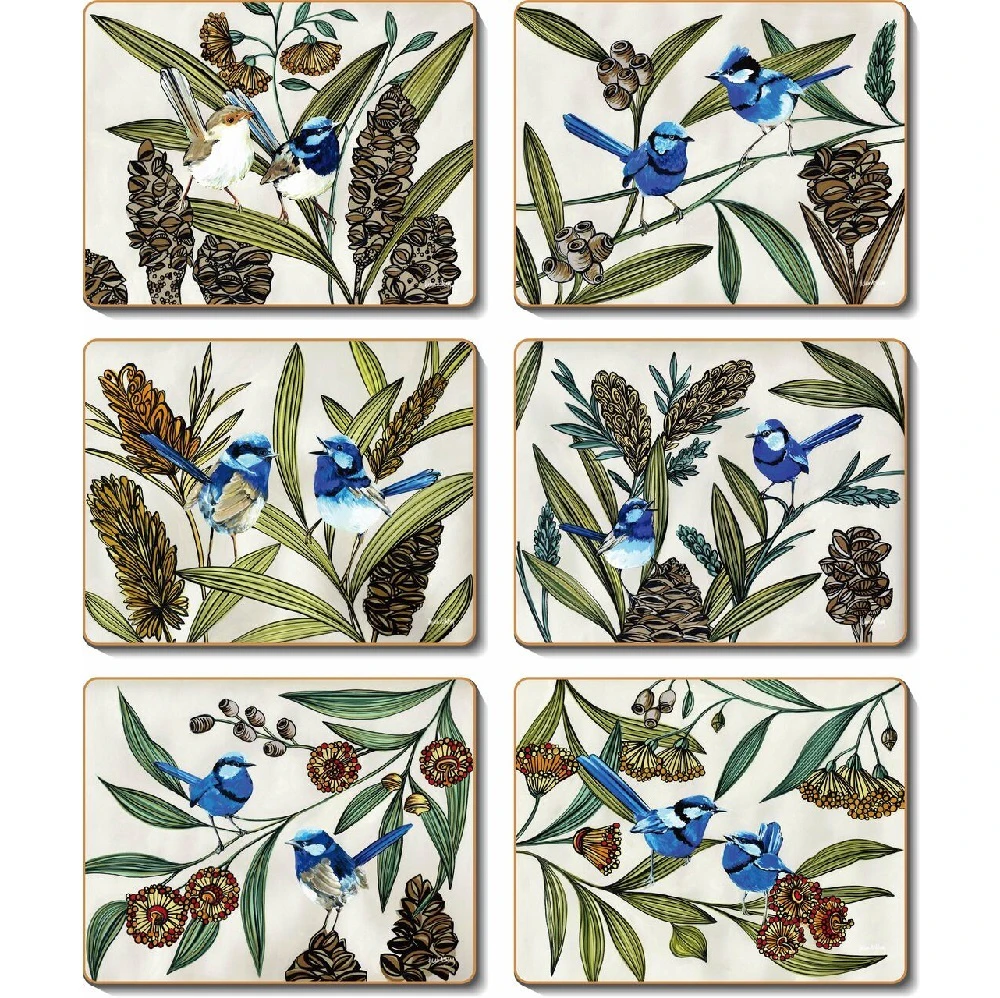 Cinnamon Cork Backed Coasters Set of 6 - Blue Wren