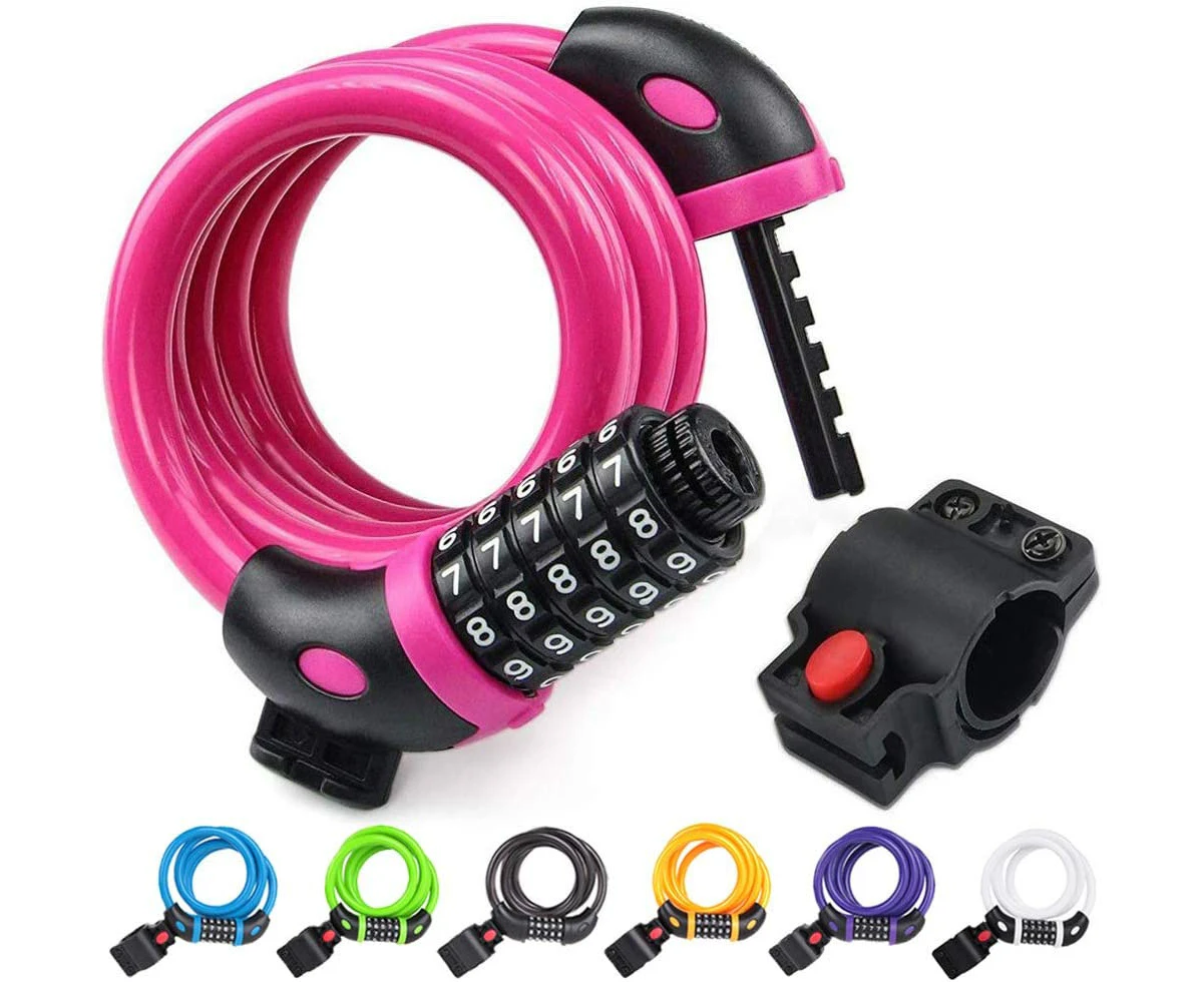 Bike Lock High Security 5 Digit Resettable Combination Bicycle Lock Anti Theft Cable Locks with Mounting Bracket,Pink