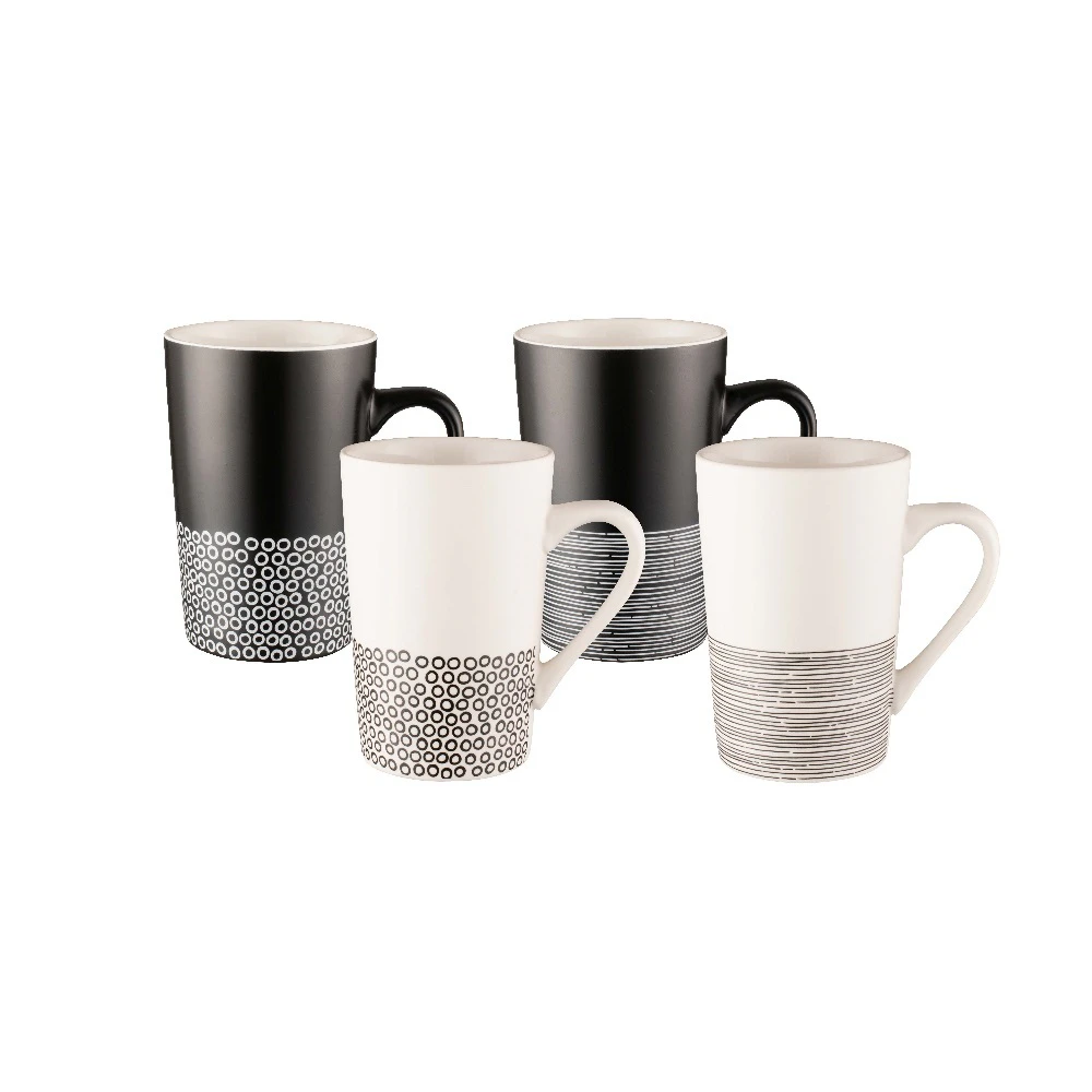 Bundanoon New Bone China Coffee & Tea Mugs Set 4 Monochrome Hem 350ml