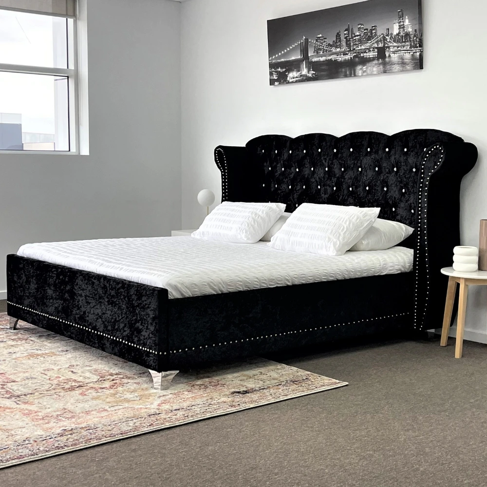 Marrakesh Crushed Velvet Fabric Queen Size Bed Frame Crystals Tufted Black Upholstered