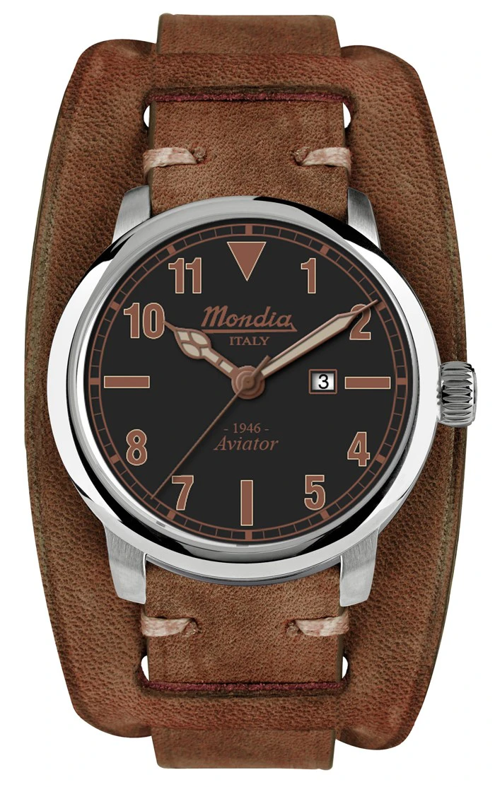 Mondia italy 1946 aviator Mens Analog Japanese quartz Watch with Leather bracelet Black