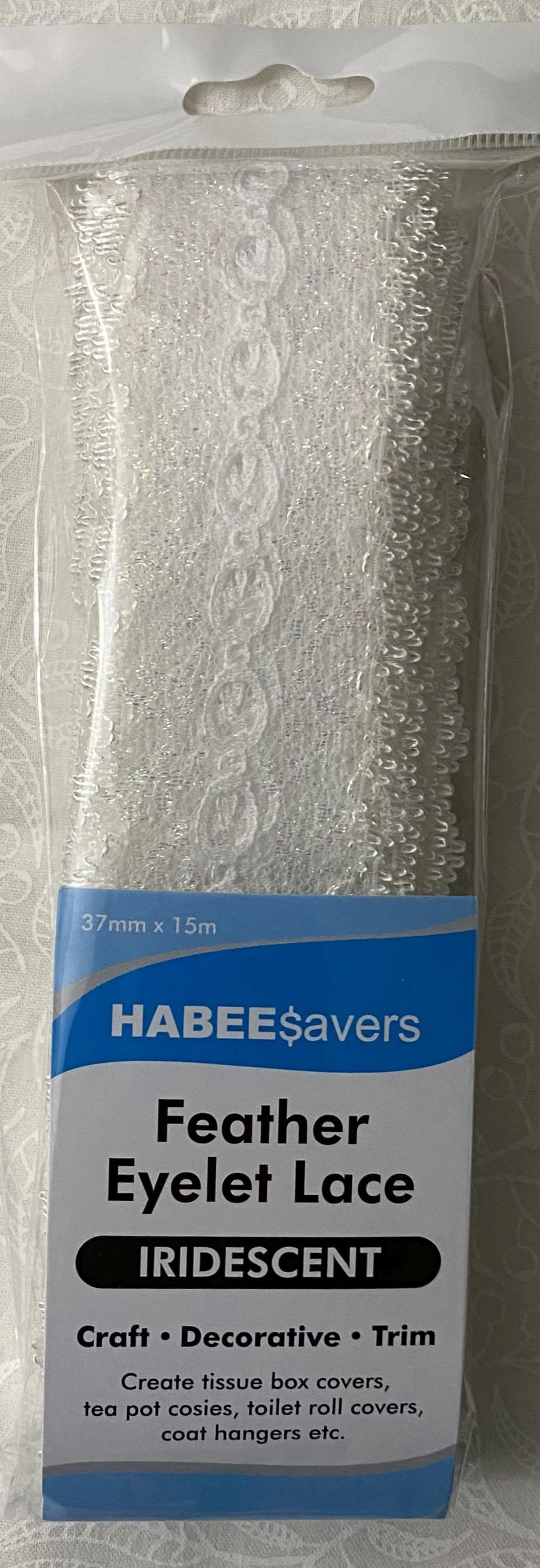 Habee$avers Feater Edge Eyelet Lace, 15m Pack, Iridecent White