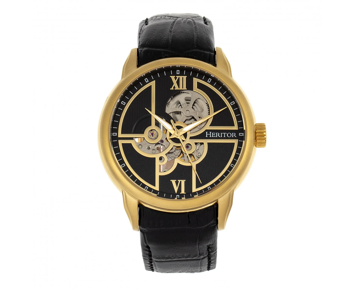 Heritor Automatic Sanford Semi-Skeleton Leather-Band Watch - Gold/Black