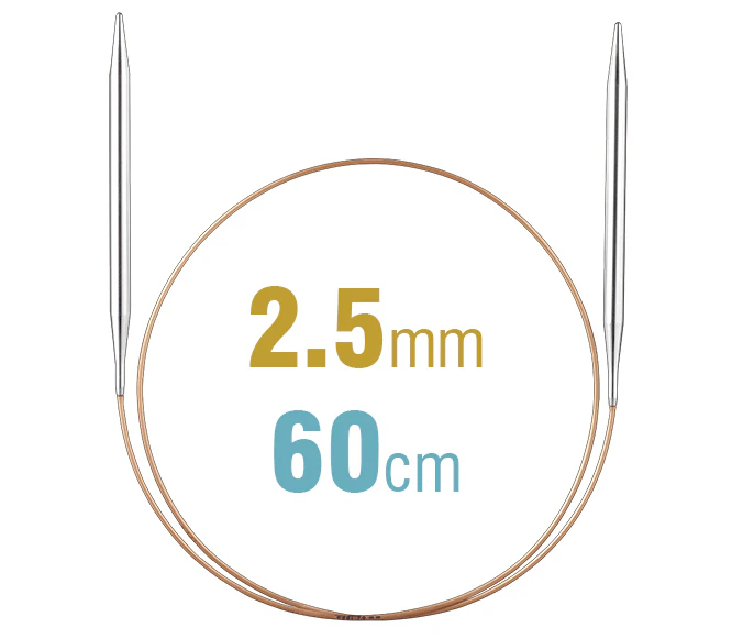 Addi Circular Knitting Needle 60cm x 2.50mm, Smooth White Brass Tips, Gold Cords