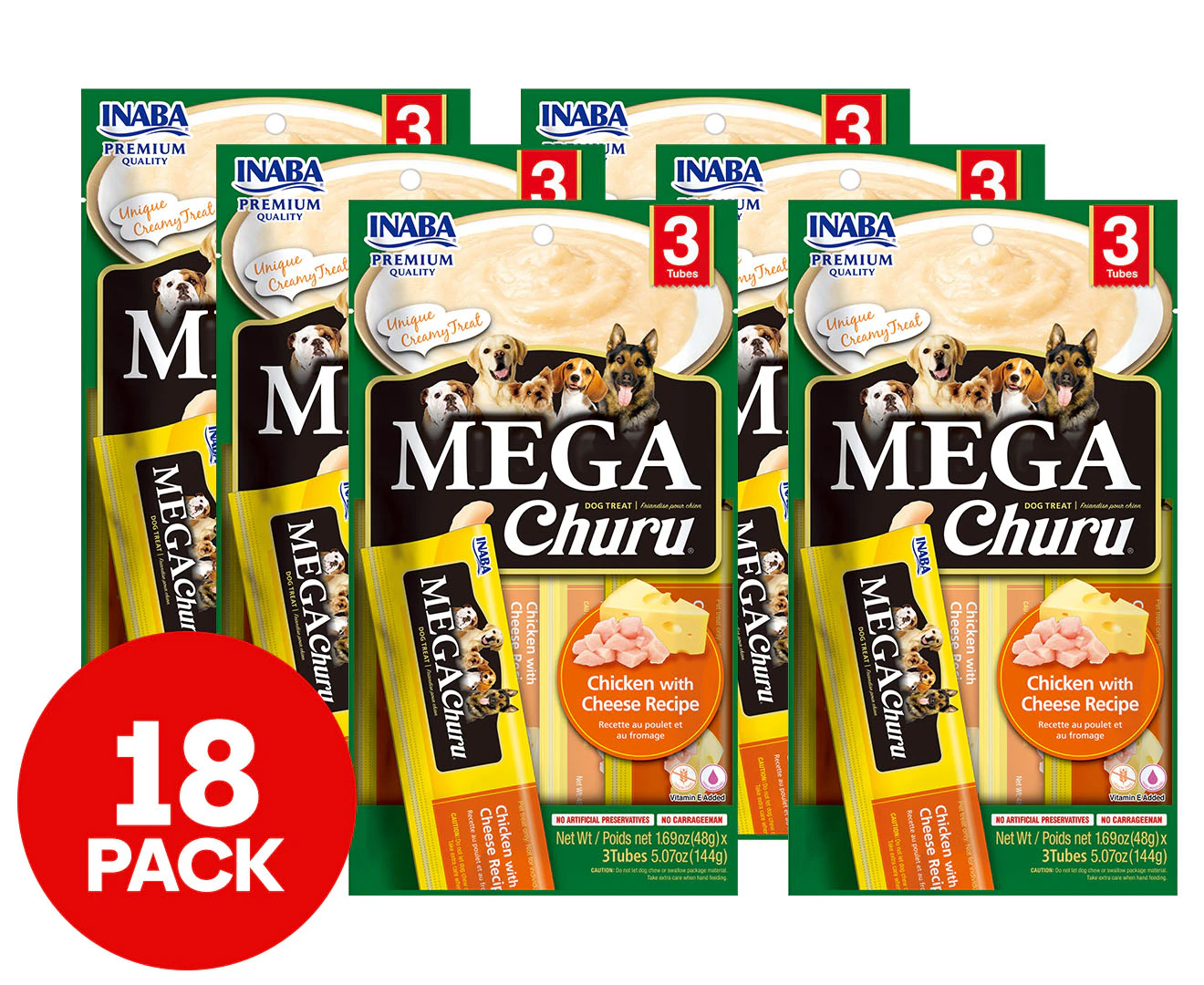 6 x 3pk Inaba Mega Churu Puree Tubes Dog Treats Chicken w/ Cheese 144g